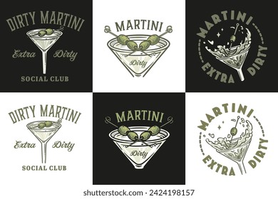 Martini cocktail vector set with olive and splashes for alcohol for cocktail bar or drink party. Margarita or martini collection for logo or tee print of bartender or barman.