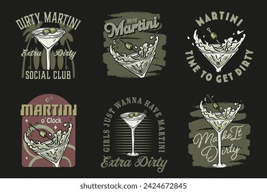 Martini cocktail vector set with olive and splashes for alcohol for cocktail bar or drink party. Margarita or martini collection for logo or tee print of bartender or barman.