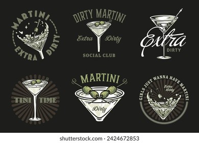 Martini cocktail vector set with olive and splashes for alcohol for cocktail bar or drink party. Margarita or martini collection for logo or tee print of bartender or barman.