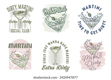 Martini coquetel vetor definido com azeitona e respingos de álcool para coquetel bar ou festa de bebida. Margarita ou coleção de martini para logotipo ou impressão em T de barman ou barman.