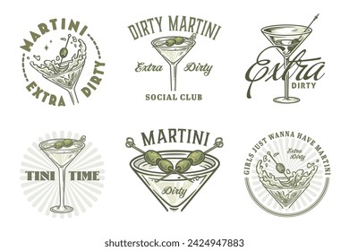 Vector de cóctel Martini con oliva y salpicaduras de alcohol para bar de cócteles o fiesta de bebidas. Margarita o martini colección para logo o camiseta de barman o barman.