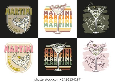 Vector de cóctel Martini con aceitunas y salpicaduras para el alcohol para el bar de cócteles o la fiesta de bebidas. Colección Margarita o martini para logo o estampado de barman o barman.