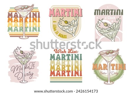 Martini cocktail vector set with olive and splashes for alcohol for cocktail bar or drink party. Margarita or martini collection for logo or tee print of bartender or barman.