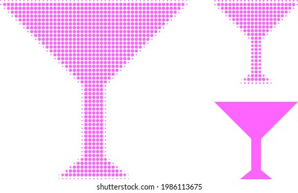 Martini cup halftone dotted icon. Halftone array contains circle elements. Vector illustration of martini cup icon on a white background.
