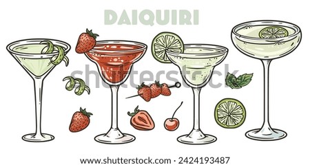 Martini or daiquiri cocktail vector set with strawberry and lime for cocktail bar or drink summer party. Margarita cocktail with rum, tequila for beach bar and cafe menu.