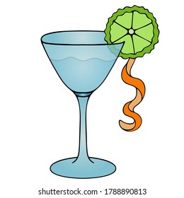 Martini. Decorated with a slice of lime and orange peel. A glass with an alcoholic drink. Colored vector illustration. Isolated white background. Cartoon style. Refreshing cocktail. Light aperitif. 