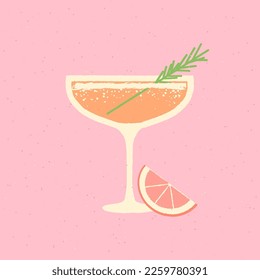 Martini dessert glass. Cocktail drink glass with rosemary and grapefruit. Bellini drink for event and bar. Flat vector illustration with texture. Minimalist retro drink poster