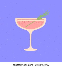 Vidrio de postre Martini. Ilustración vectorial plana con textura. Bebida de cóctel con romero. Bebida rosa para eventos y fiestas. Afiche de bebida retro minimalista