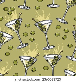 Martini drink colorful seamless pattern with elegant glasses for Italian alcoholic beverage decorated with olives vector illustration