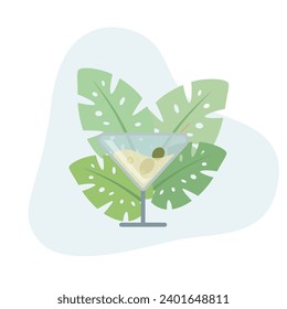 Martini drink flat vector Illustration icon decorated with leaves for web use for beverage, alcohol, cheers, cocktail