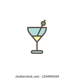 Martini drink with olive filled outline icon, line vector sign, linear colorful pictogram isolated on white. Cocktail glass symbol, logo illustration. Pixel perfect vector graphics