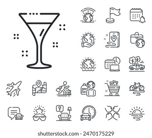 Martini drink sign. Plane jet, travel map and baggage claim outline icons. Cocktail glass line icon. Hotel service symbol. Cocktail line sign. Car rental, taxi transport icon. Place location. Vector