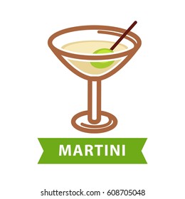 Martini drink in triangular glass with black straw isolated on white vector flat illustration. Colorful icon with cooling alcoholic cocktail for summer. Party symbolic beverage with its name below