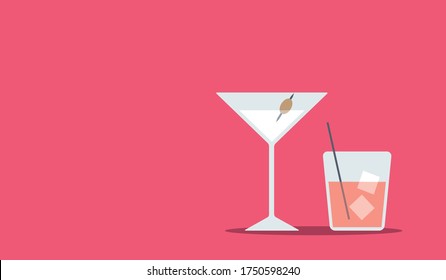 Martini and drink vector flat design illustration on pink background