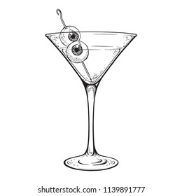 Martini with eyeballs cocktail in glass halloween design hand drawn line art vector illustration