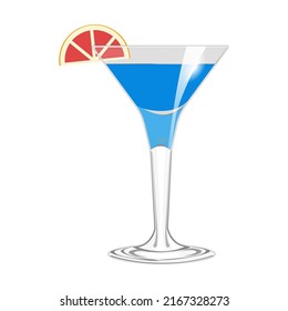 Martini glass with a blue cocktail, blue curacao with a slice of red orange