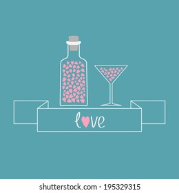 Martini glass and bottle with hearts inside. Ribbon with word love. Vector illustration