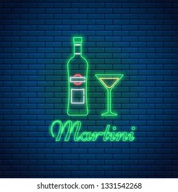 Martini glass and bottle with lettering in neon style on brick background. Alcohol cocktail bar symbol, logo, signboard.