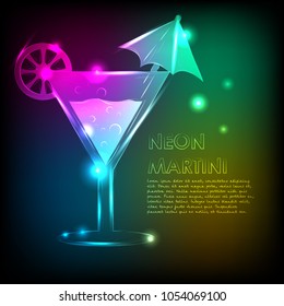 Martini glass with bright background and a neon glow. Vector