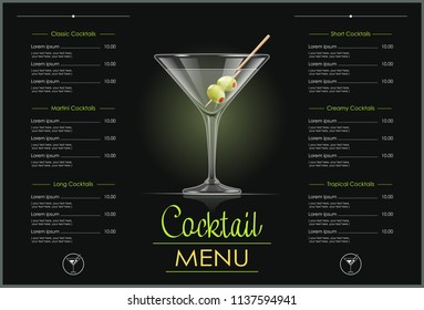 Martini Glass. Cocktail Menu Concept Design For Alcohol Bar. Alcoholic Classic Drink. Dry Vermouth With Green Olive. EPS10 Vector Illustration.