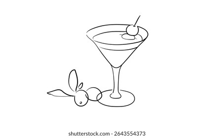 Martini vidro desenho de linha continious. Torradas brinde decoração festiva para férias. Ilustração vetorial