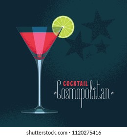 Martini glass with Cosmopolitan cocktail vector illustration. Lime and red color alcohol drink in classical martini goblet 