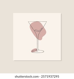 Martini glass drawn in continuous one-line style with abstract pastel pink shapes on beige background. Minimalistic line art composition for design and print. Modern drink and elegance concept.