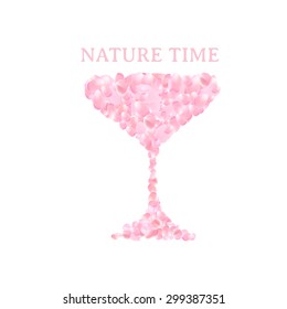 The martini glass with flower petals blossom. Romantic vector illustration.