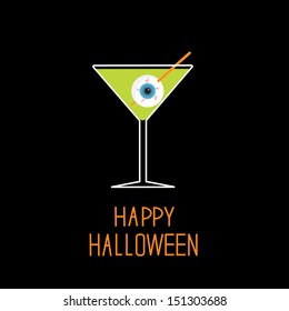 Martini glass with green cocktail and eyeball. Halloween card. Vector illustration