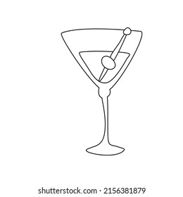 Martini glass. Hand drawn line cartoon illustration. Romantic alcoholic drink. Doodle outline art graphic design. Beverage for restaurants, cafes and pubs. Freehand drawing style. Vector.
