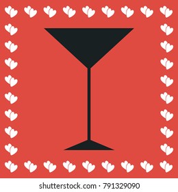 Martini glass icon flat. Simple black pictogram on red background with white hearts for valentines day. Vector illustration symbol