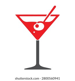Martini glass icon with olive and stirrer, flat vector illustration