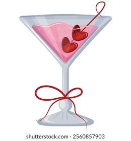 martini glass icon with pink drink and berries in heart shape and red bow, valentines day design	