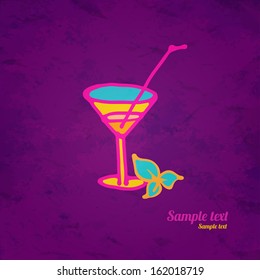 Martini glass icon with a straw and mint hand drawing illustration - vector