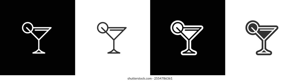 Martini glass icons. Classic alcoholic cocktail and cocktail glass thin line and flat icon. Cocktail glass vector illustration symbols in black white and transparent background.