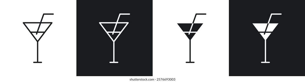 Martini glass icons collection in black and white solid and line style