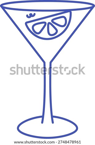 Martini glass with lemon wedge and tiny garnish drawn in clean contour lines. Symbol of celebration, party, refreshment, and nightlife. Cartoon vector illustration.