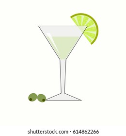 A martini glass with lime and olives on a white background