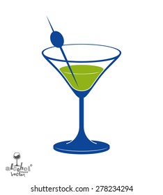 Martini Glass With Olive Berry, Alcohol And Entertainment Theme Illustration. Party Lifestyle Graphic Goblet Isolated.