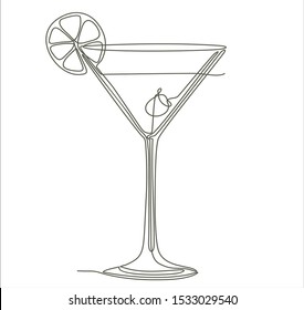 Martini glass with olive continuous one line drawing minimalism design isolated on white background