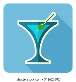 Martini glass with olive isolated on blue. Vector illustration. Flat design.