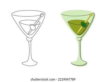 Martini glass with olive on white background. Cartoon sketch graphic design. Flat style. Colored hand drawn image. Party drink concept for restaurant, cafe, party. Freehand drawing style. Vector.
