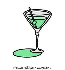 Martini glass with olive outline icon on white background. Colored cartoon sketch graphic design. Doodle style. Hand drawn image. Party drinks concept. Freehand drawing style. Vector.
