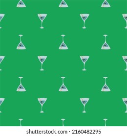 Martini glass with olive and skewer seamless pattern. Doodle style. Color hand drawn image. Repeat template. Party drinks concept. Freehand drawing. Cartoon sketch graphic draft. Vector.
