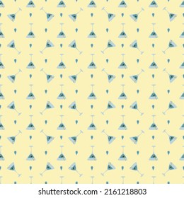 Martini glass with olive and skewer seamless pattern. Doodle style. Color hand drawn image. Repeat template. Party drinks concept. Freehand drawing. Cartoon sketch graphic draft. Vector.
