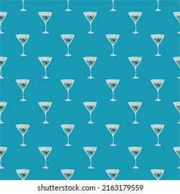 Martini glass with olive and skewer seamless pattern. Doodle style. Color hand drawn image. Repeat template. Party drinks concept. Freehand drawing. Cartoon sketch graphic draft. Vector.

