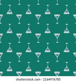 Martini glass with olive and skewer seamless pattern. Doodle style. Color hand drawn image. Repeat template. Party drinks concept. Freehand drawing. Cartoon sketch graphic draft. Vector.
