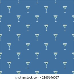 Martini glass with olive and skewer seamless pattern. Doodle style. Color hand drawn image. Repeat template. Party drinks concept. Freehand drawing. Cartoon sketch graphic draft. Vector.
