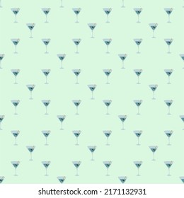Martini glass with olive and skewer seamless pattern. Doodle style. Color hand drawn image. Repeat template. Party drinks concept. Freehand drawing. Cartoon sketch graphic draft. Vector.
