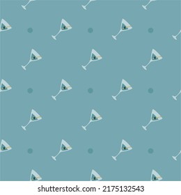 Martini glass with olive and skewer seamless pattern. Doodle style. Color hand drawn image. Repeat template. Party drinks concept. Freehand drawing. Cartoon sketch graphic draft. Vector.